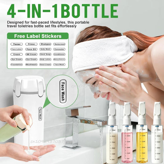 Botellas Recargables 4 en 1 para Gym, Viajes, Champú, Gel de baño, lociones.